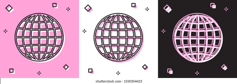 Set Earth globe icon isolated on pink and white, black background.  Vector Illustration