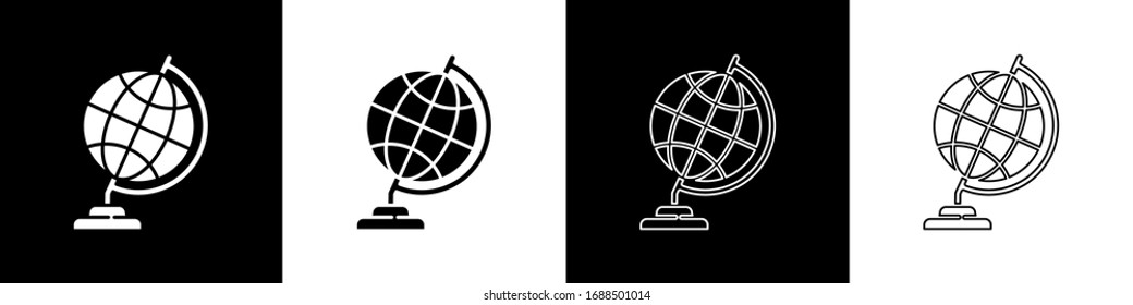 Ajuste el icono del globo terrestre aislado en fondo blanco y negro. Ilustración vectorial