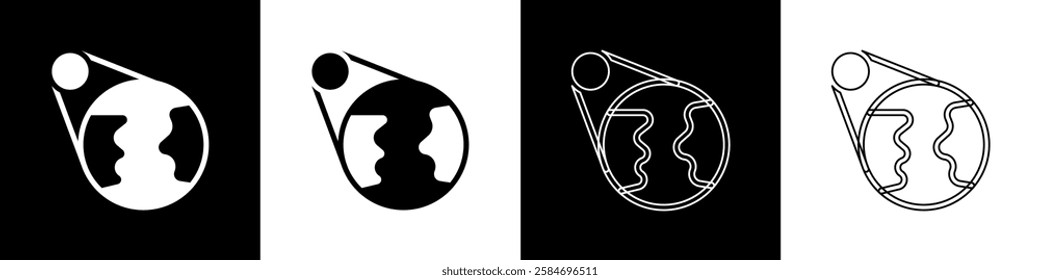 Set Earth globe icon isolated on black and white background. World or Earth sign. Global internet symbol. Geometric shapes.  Vector