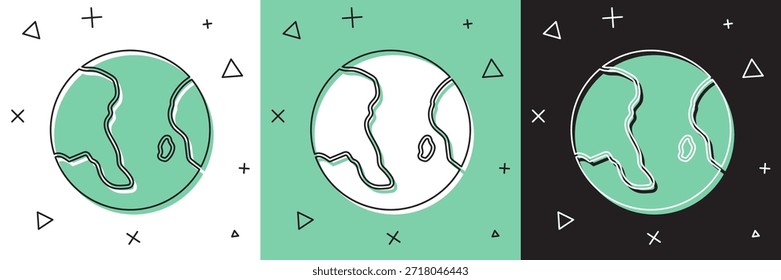 Set Earth globe icon isolated on white and green, black background. World or Earth sign. Global internet symbol. Geometric shapes.  Vector