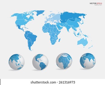 Set of earth globe icon and world map. Vector illustration.