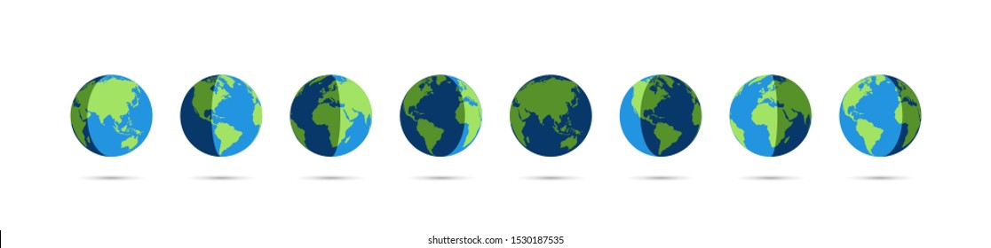 Set Of Earth Globe Icons In Day And Night. Earth Globe Vector Icons With Shadow, Isolated On White Background. World Maps In Modern Simple Flat Design. Planeta Earth Icon. World Map Isolated. Eps10