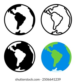 A set of Earth globe icons depicting the Americas in various styles, including black and white, outline, and colored designs for diverse applications.