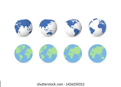 Set of earth globe icons in flat and linear design on a white background. Vector