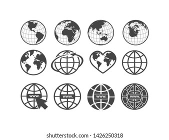 Set Of Earth Globe Icons In Flat And Linear Design On A White Background. Vector