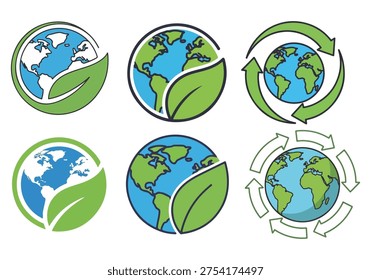 Set of earth globe icons with green leaves and recycling arrows