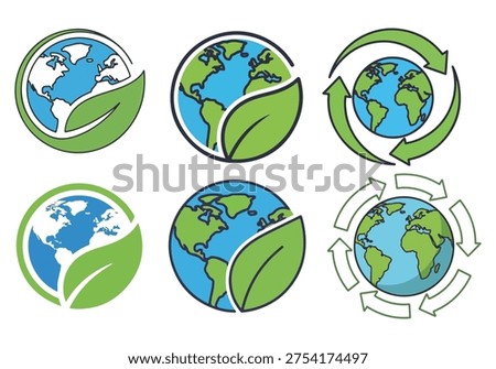 Set of earth globe icons with green leaves and recycling arrows