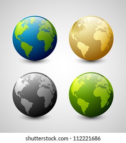 Set of Earth globe icons isolated on light grey background