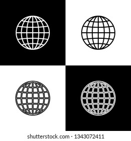 Set Earth globe icons isolated on black and white background. Line, outline and linear icon. Vector Illustration