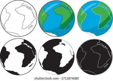 Conjunto de iconos del globo terrestre aislados en fondo blanco. Silueta blanca, negra y negra de planicie. Ilustración del vector