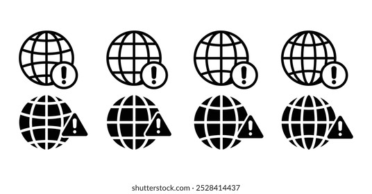 set of earth globe with internet warning icon symbol sign vector design black white color simple illustration collection 