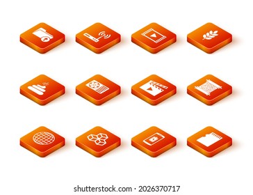 Ajuste el globo terrestre, cubo isométrico, Mierda, aire acondicionado, carga de batería de Smartphone e icono de la cinta de película. Vector