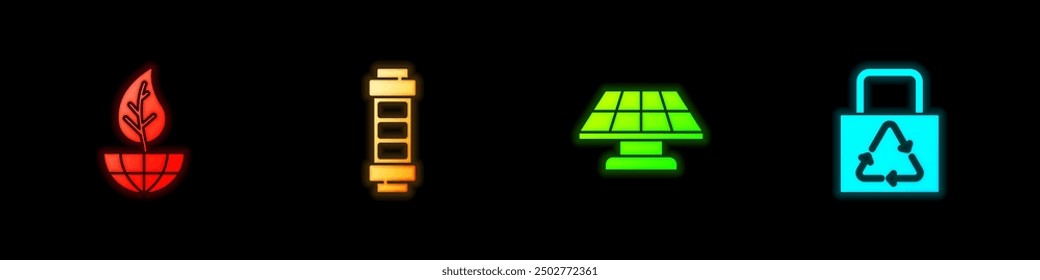 Set Earth globe and leaf, Battery, Solar energy panel and Paper bag with recycle icon. Vector