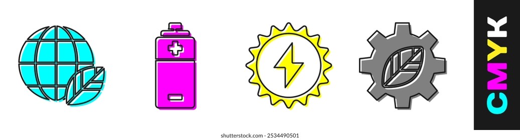 Set Earth globe and leaf, Battery, Solar energy panel and Leaf plant in gear machine icon. Vector