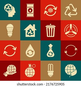 Set Earth globe and leaf, Electric plug, Wind turbine, Planet earth recycling, Eco House with symbol, LED light bulb, Human head recycle and Trash can icon. Vector
