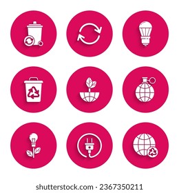Set Earth globe and leaf, Electric plug, Planet earth recycling, Light bulb with, Recycle bin recycle symbol, LED light and  icon. Vector