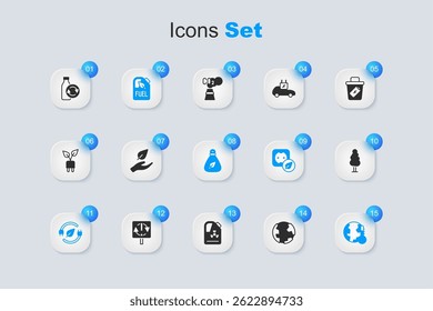 Set Earth globe, Leaf in hand, Bio fuel canister, Electric saving plug leaf, melting to global warming, Tree, Recycling plastic bottle and Garbage bag icon. Vector