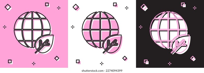 Set Earth globe and leaf icon isolated on pink and white, black background. World or Earth sign. Geometric shapes. Environmental concept.  Vector