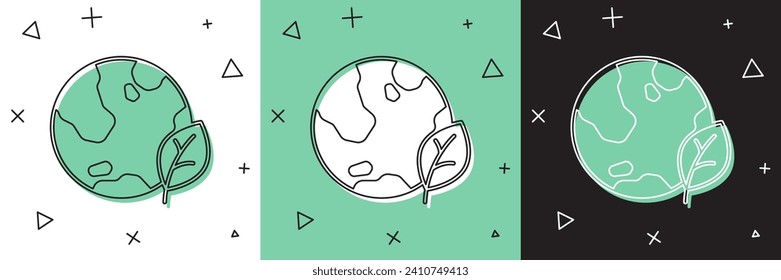 Establece el globo terrestre y el icono de la hoja aislados en fondo blanco y verde, negro. Signo mundial o terrestre. Formas geométricas. Concepto ambiental.  Vector