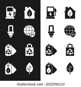 Set Earth globe and leaf, LED light bulb, Electric car charging station, Eco friendly house, Tag with recycle, Paper bag, Tree and  icon. Vector