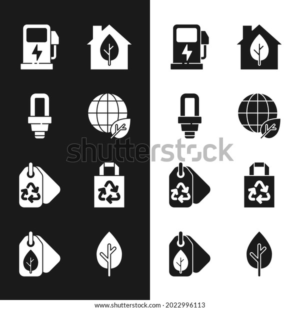 Set Earth globe and leaf, LED light bulb,\
Electric car charging station, Eco friendly house, Tag with\
recycle, Paper bag, Tree and  icon.\
Vector