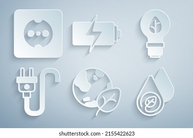 Ajuste el globo terrestre y la hoja, bombilla de luz con, enchufe eléctrico, energía de agua, batería e icono de salida eléctrica. Vector