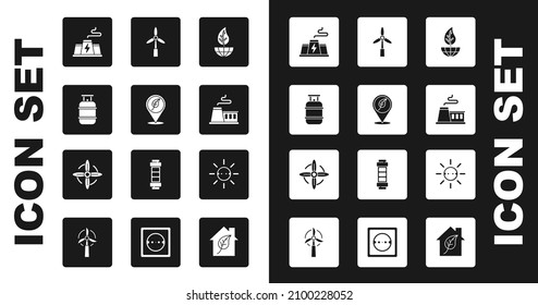 Fijar globo terrestre y hoja, Ubicación con, tanque de gas Propano, Fábrica de centrales eléctricas, Fábrica, turbina eólica, panel de energía solar e icono. Vector