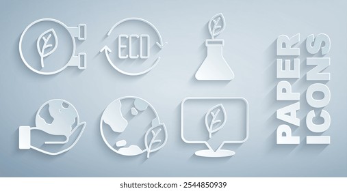 Set Earth globe and leaf, Plant breeding, Hand holding, Location with, Leaf Eco symbol and shop icon. Vector