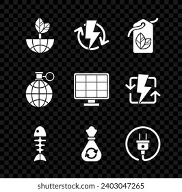 Set Earth globe and leaf, Recharging, Tag with symbol, Fish skeleton, Garbage bag recycle, Electric plug, Planet earth recycling and Solar energy panel icon. Vector