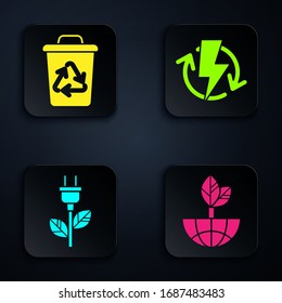 Set Earth globe and leaf, Recycle bin with recycle symbol, Electric saving plug in leaf and Recharging. Black square button. Vector