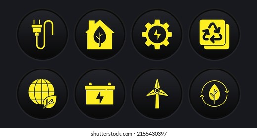 Ajuste el globo terrestre y la hoja, Reciclaje, batería de coche, turbina eólica, relámpago de engranajes, casa amigable con el eco e icono de enchufe eléctrico. Vector