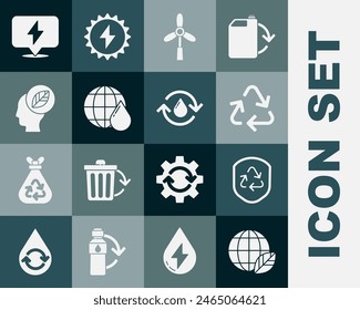 Set Earth globe and leaf, Recycle symbol inside shield, Wind turbine, planet water drop, Human head with, Lightning bolt and clean aqua icon. Vector