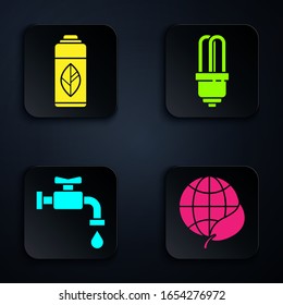 Set Earth globe and leaf, Recycling plastic bottle, Water tap and LED light bulb. Black square button. Vector