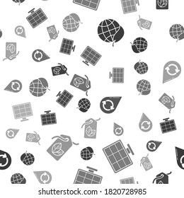 Set Earth globe and leaf, Solar energy panel, Recycle clean aqua and Tag with leaf symbol on seamless pattern. Vector