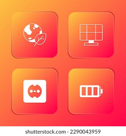 Set Earth globe and leaf, Solar energy panel, Electrical outlet and Battery icon. Vector