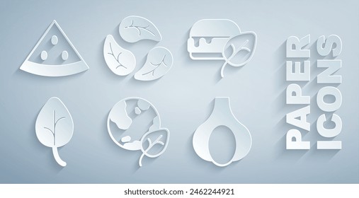 Set Earth globe and leaf, Vegan food diet, Leaf or leaves, Garlic,  and Watermelon icon. Vector