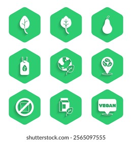 Set Earth globe and leaf, Vegan milk, food diet, Gluten free grain, Pear and Leaf or leaves icon. Vector