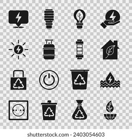 Fijar el globo terrestre y la hoja, Energía de agua, Casa amigable con el eco, Bombilla con, tanque de gas propano, panel solar, perno relámpago e icono de la batería. Vector