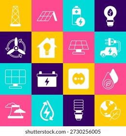 Conjunto Tierra globo y hoja, energía del agua, coche eléctrico, batería, bombilla de la casa inteligente, turbina de viento, antena e icono del panel solar. Vector