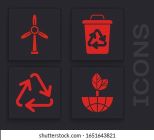 Set Earth globe and leaf, Wind turbine, Recycle bin with recycle symbol and Recycle symbol icon. Vector