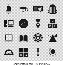 Set Earth globe, Light rays in prism, ABC blocks, Certificate template, Acute angle, Computer monitor, Ringing bell and Fountain pen nib icon. Vector