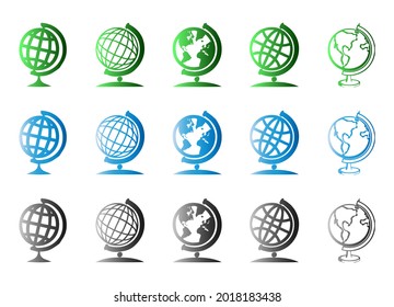 Set of earth globe line icons in green, blue abd black color