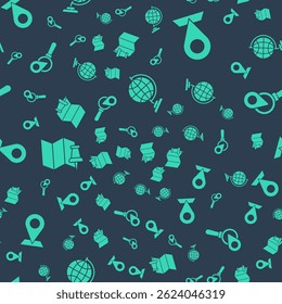 Set Earth globe, Location, Folded map with push pin and Search location on seamless pattern. Vector
