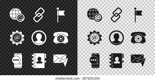 Set Earth globe with mail, Chain link, Location marker, Chat messages notification phone, Address book, Envelope, Mail and e-mail and Create account screen icon. Vector