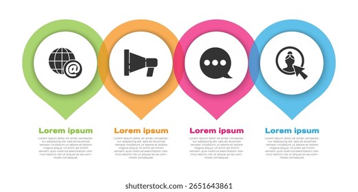Establezca el globo terráqueo con el correo, el megáfono, el chat de la burbuja del discurso y la pantalla de Cuenta de Create. Plantilla de infografía de negocios. Vector