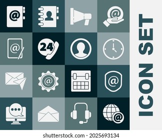 Set Earth globe with mail, Shield and e-mail, Clock, Megaphone, Telephone 24 hours support, Mail, Address book and Create account screen icon. Vector