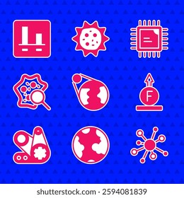 Set Earth globe, Molecule, Force of physic formula, Timing belt kit, Microorganisms under magnifier, Processor CPU and Graph chart infographic icon. Vector