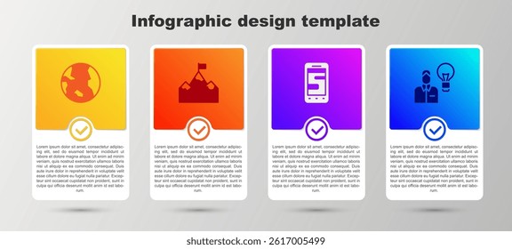 Set Earth globe, Mountains with flag, Chat messages on phone and Human lamp bulb. Business infographic template. Vector