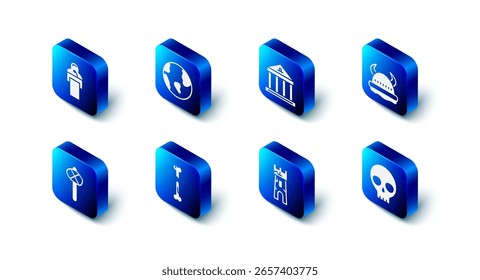 Set Earth globe, Museum building, Viking horned helmet, Human skull, Castle tower, broken bone, Stone age hammer and Gives lecture icon. Vector