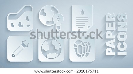 Set Earth globe, Oil drop document, Wrench spanner, Gem stone, Global planet with bulb and Ground icon. Vector
